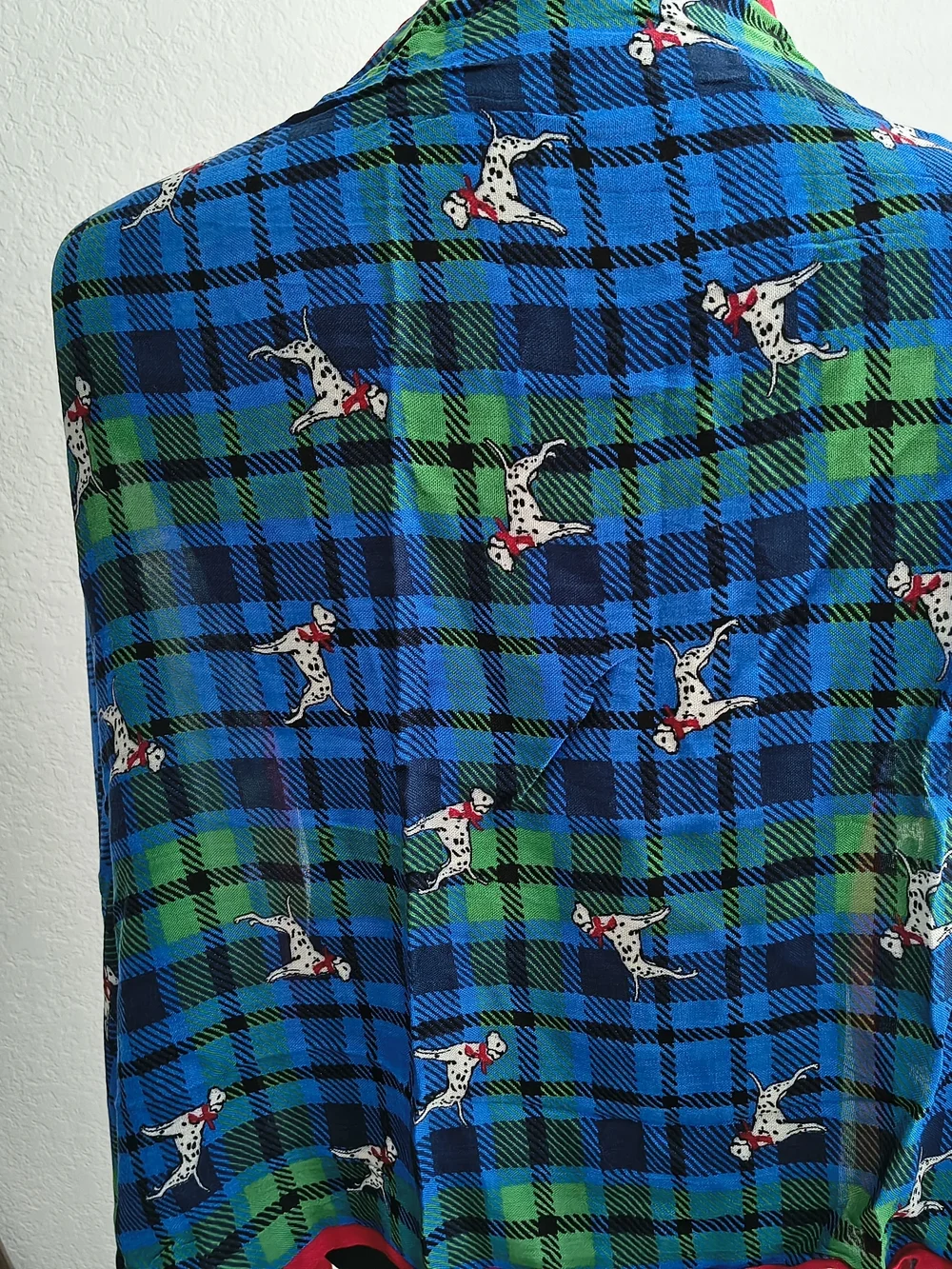 Talbots Blue and Green Plaid Scarf with Dalmatian Print and Red